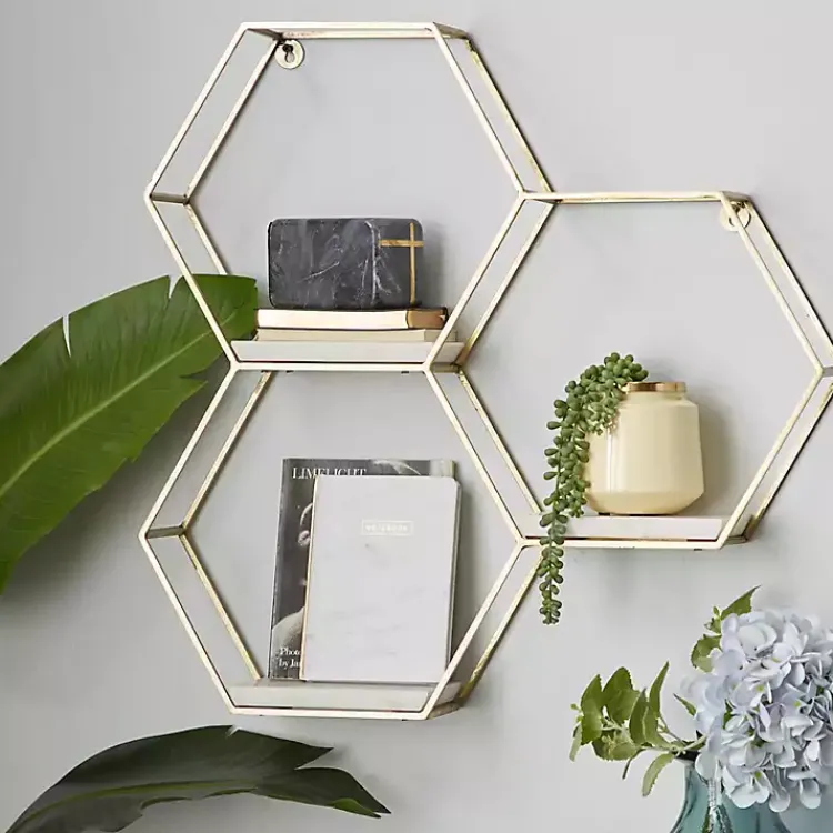 Shelves-Kirklands Home Frame Marble Honeycomb Wall Shelf Gold
