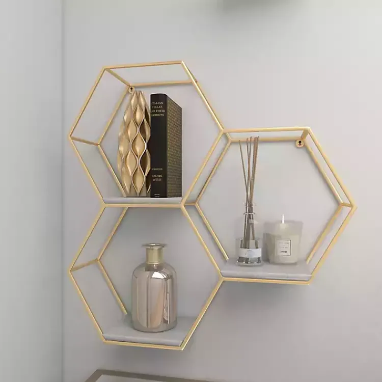 Shelves-Kirklands Home Frame Marble Honeycomb Wall Shelf Gold