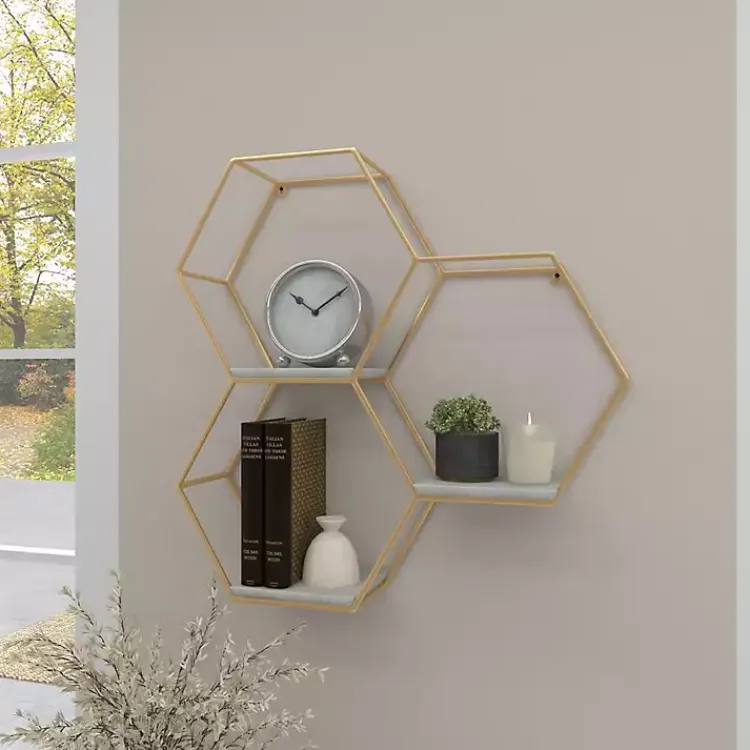 Shelves-Kirklands Home Frame Marble Honeycomb Wall Shelf Gold