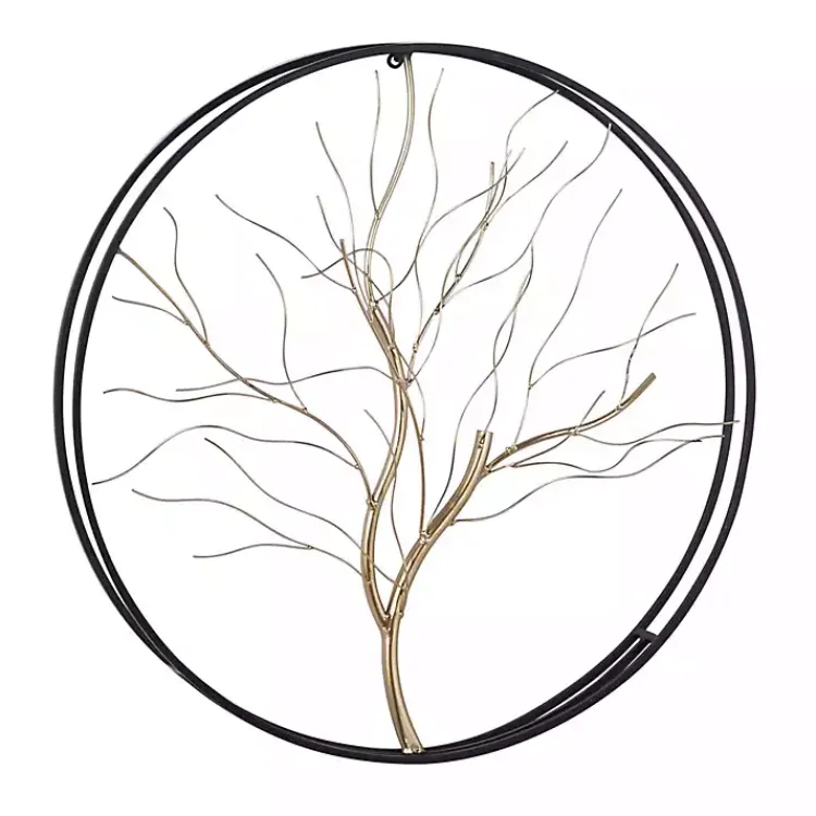 Wall Plaques-Kirklands Home Gold Iron Leaf-Less Tree Round Frame Wall Plaque Black