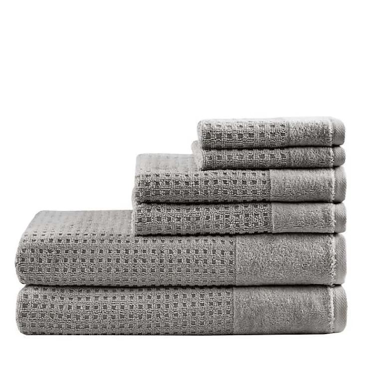 Bath Towels-Kirklands Home Charcoal 6-pc. Waffle Cotton Bath Towel Set Gray