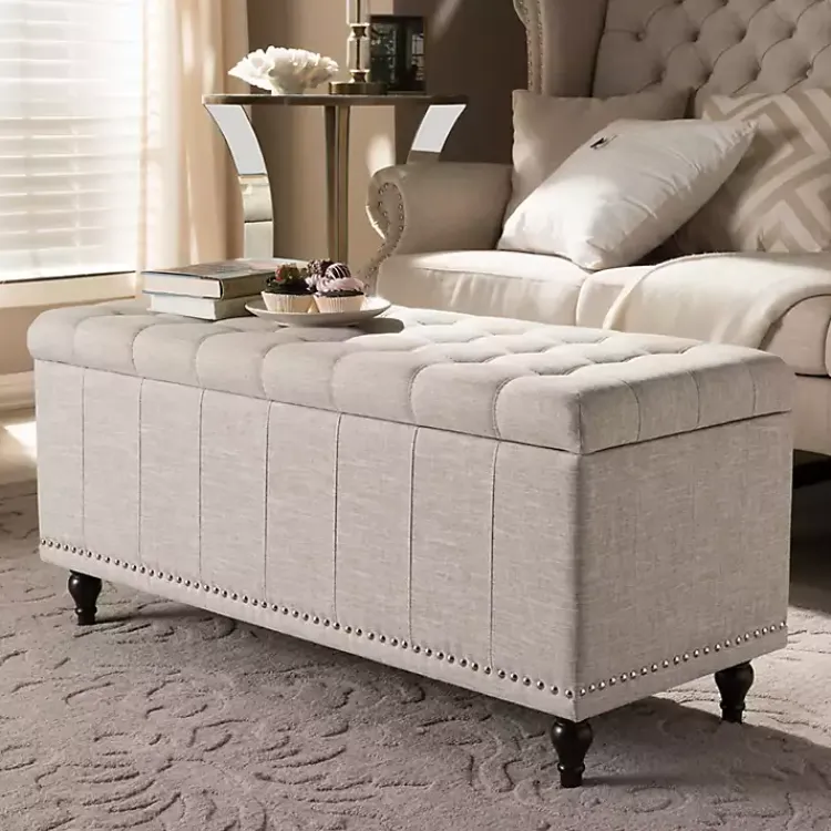 Benches & Ottomans-Kirklands Home Beige Tufted Upholstery Storage Ottoman Tan