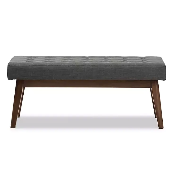 Benches & Ottomans-Kirklands Home Dark Tufted Walnut Wood Bench Gray