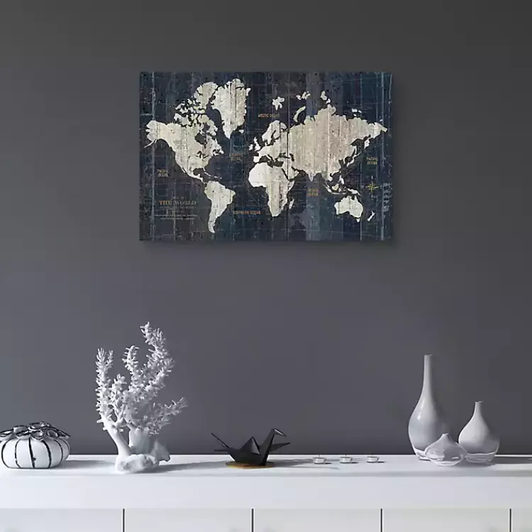 Framed Art-Kirklands Home World Map Canvas Art Print Blue