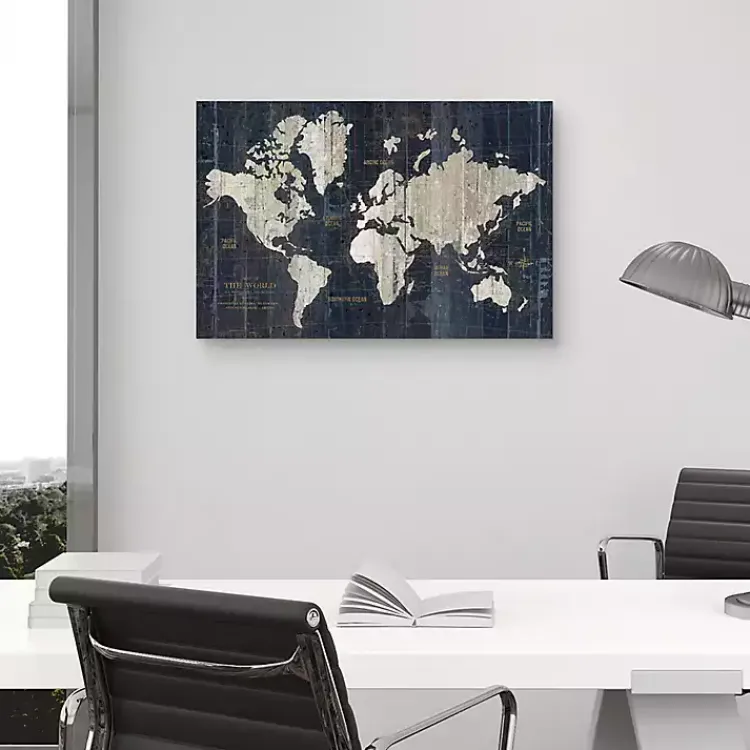 Framed Art-Kirklands Home World Map Canvas Art Print Blue