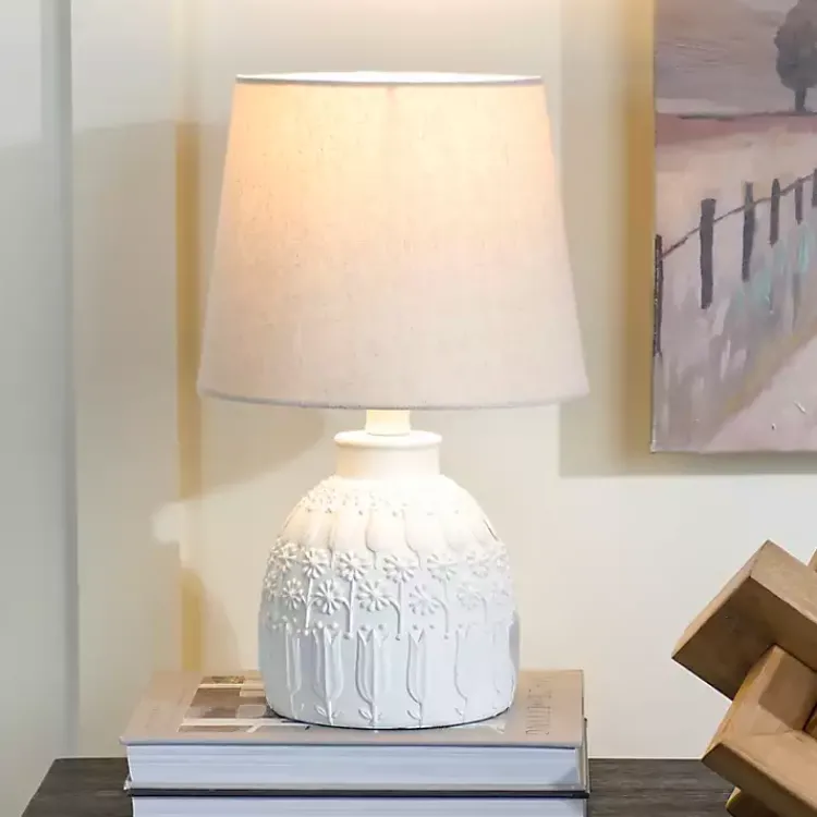 Table Lamps-Kirklands Home White Embossed Flowers Table Lamp Ivory
