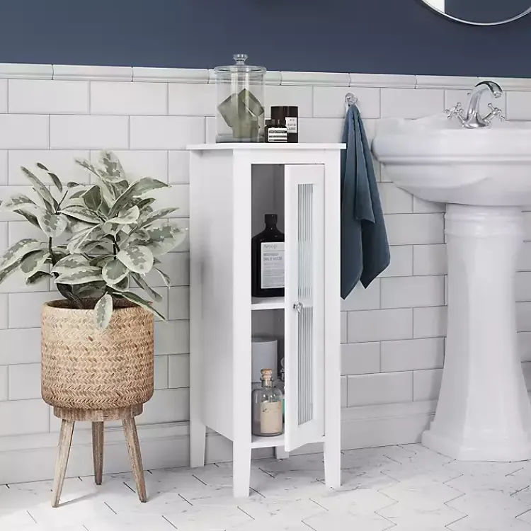 Bathroom Furniture-Kirklands Home Wood Slim Single Glass Door Floor Cabinet White