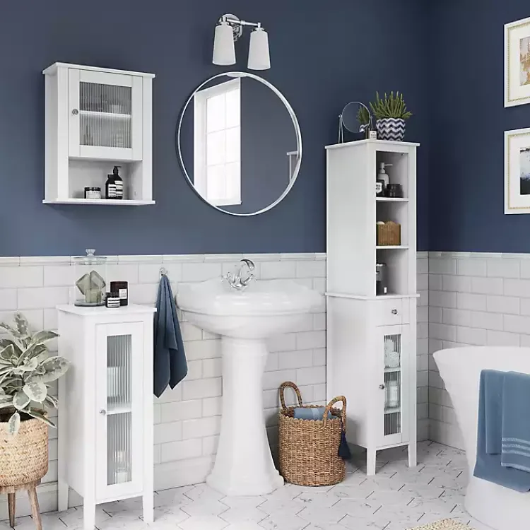 Bathroom Furniture-Kirklands Home Wood Slim Single Glass Door Floor Cabinet White