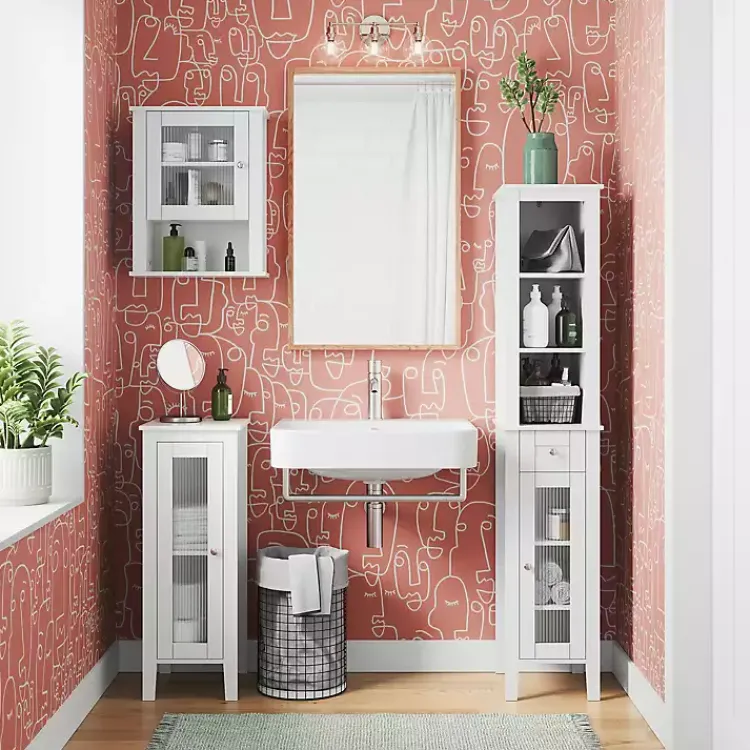 Bathroom Furniture-Kirklands Home Wood Slim Single Glass Door Floor Cabinet White