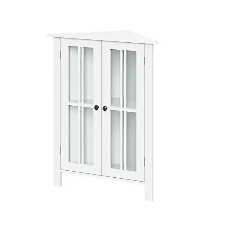 Bathroom Furniture-Kirklands Home Wood Two Pane Glass Doors Corner Cabinet White