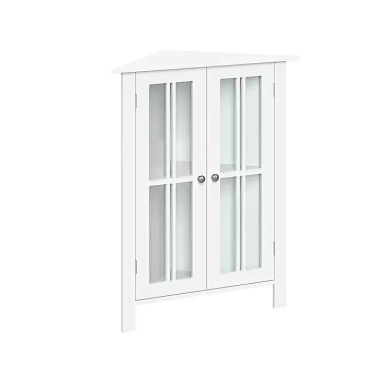 Bathroom Furniture-Kirklands Home Wood Two Pane Glass Doors Corner Cabinet White