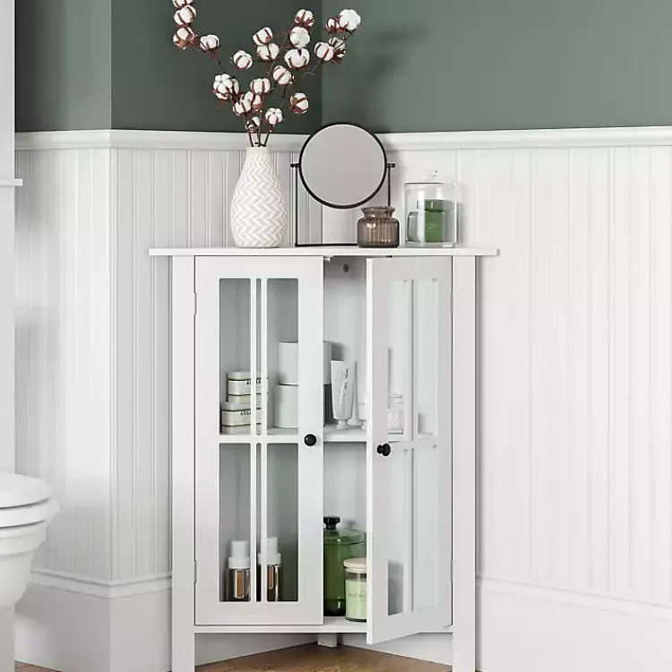 Bathroom Furniture-Kirklands Home Wood Two Pane Glass Doors Corner Cabinet White