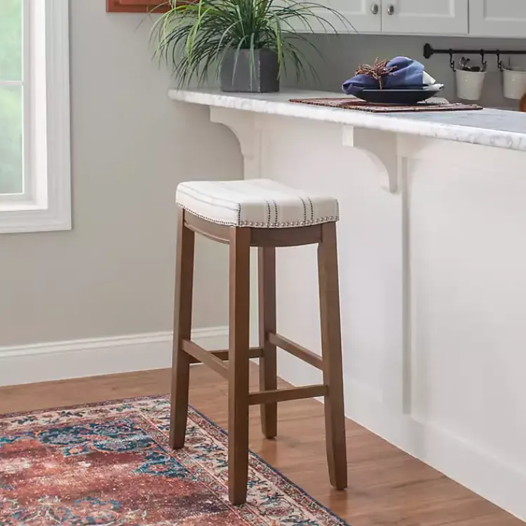 Bar Stools & Counter Height Stools-Kirklands Home Dark Wood Bar Stool with Striped Cushion Gray