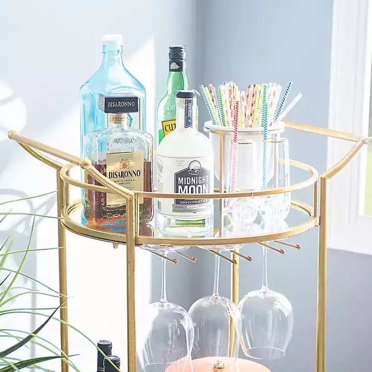 Kitchen Islands & Bar Carts-Kirklands Home Gold Metal Frame Bar Cart with Mirrored Shelves