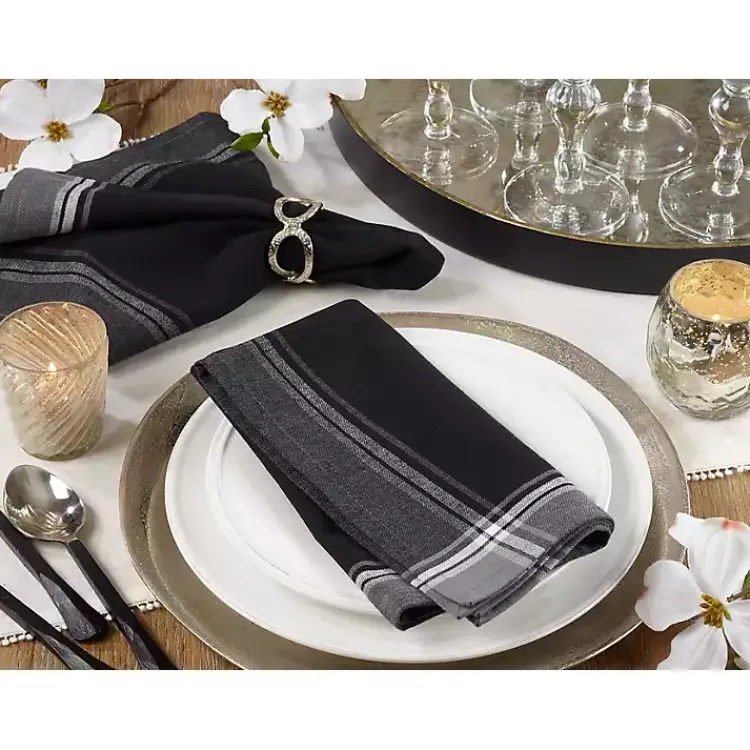 Table Linens-Kirklands Home Striped Border Cotton Napkins, Set of 4 Black