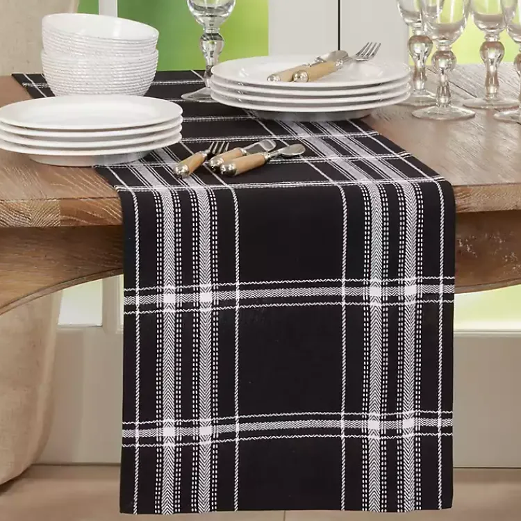 Table Linens-Kirklands Home Plaid Cotton Table Runner, 72 in. Black