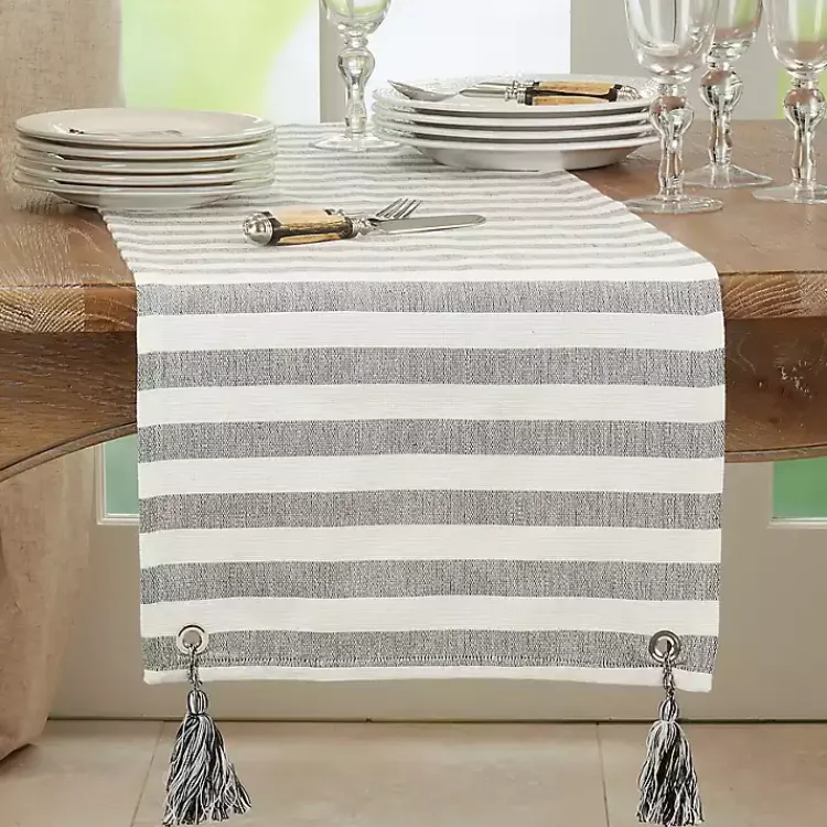 Table Linens-Kirklands Home Black and White Rustic Stripe Tassel Table Runner