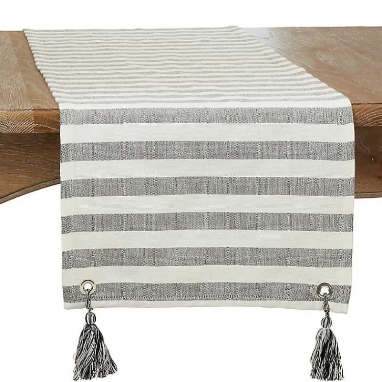 Table Linens-Kirklands Home Black and White Rustic Stripe Tassel Table Runner