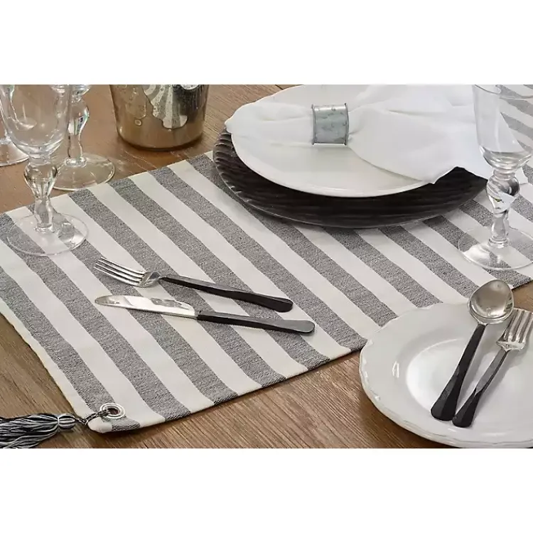 Table Linens-Kirklands Home Black and White Rustic Stripe Tassel Table Runner