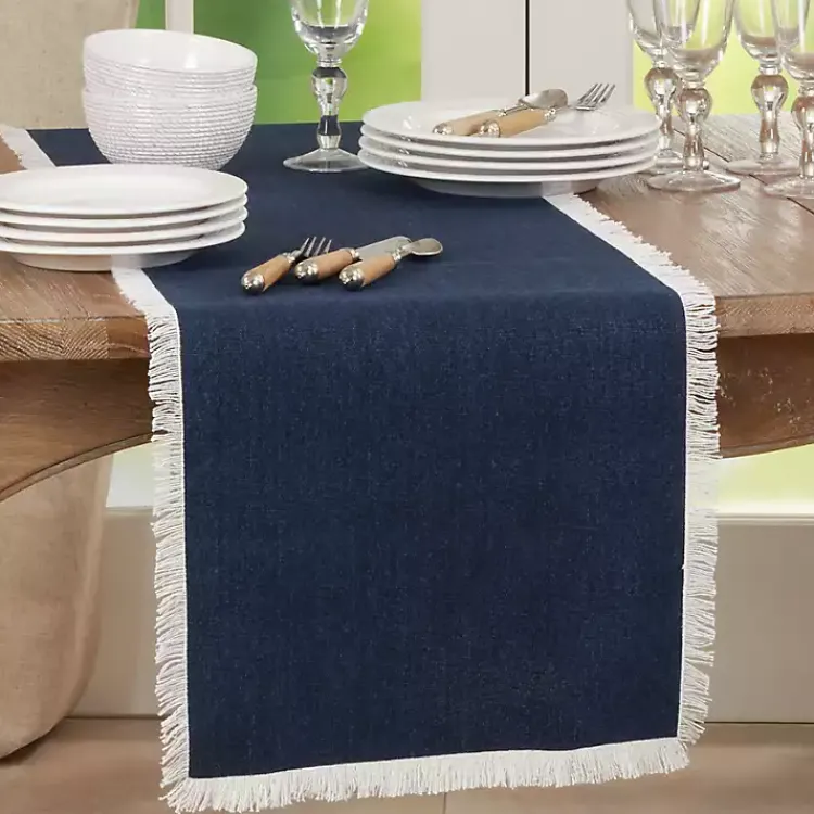 Table Linens-Kirklands Home Fringe Border Table Runner, 72 in. Blue