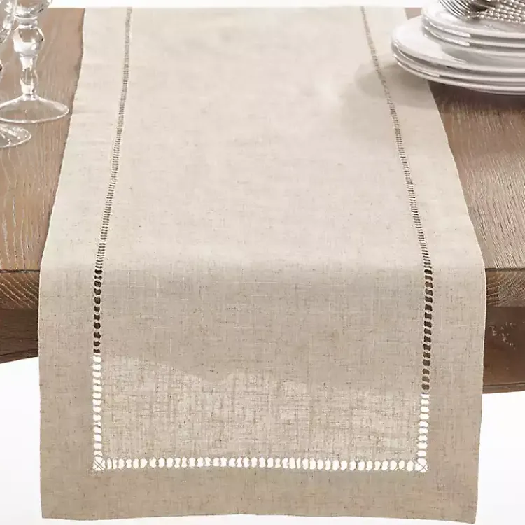 Table Linens-Kirklands Home Sand Beige Hemstitch Border Table Runner Tan
