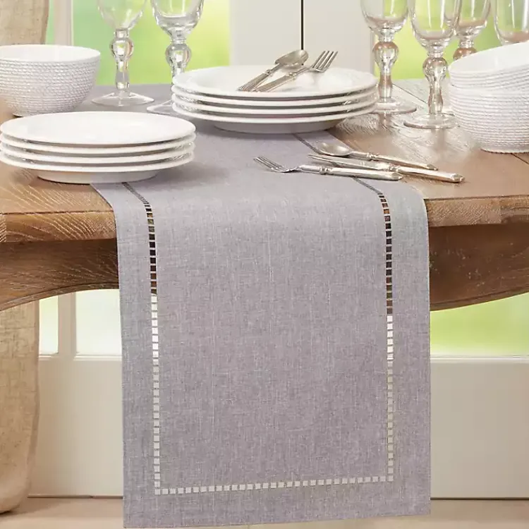Table Linens-Kirklands Home Slate Hemstitch Border Table Runner Gray
