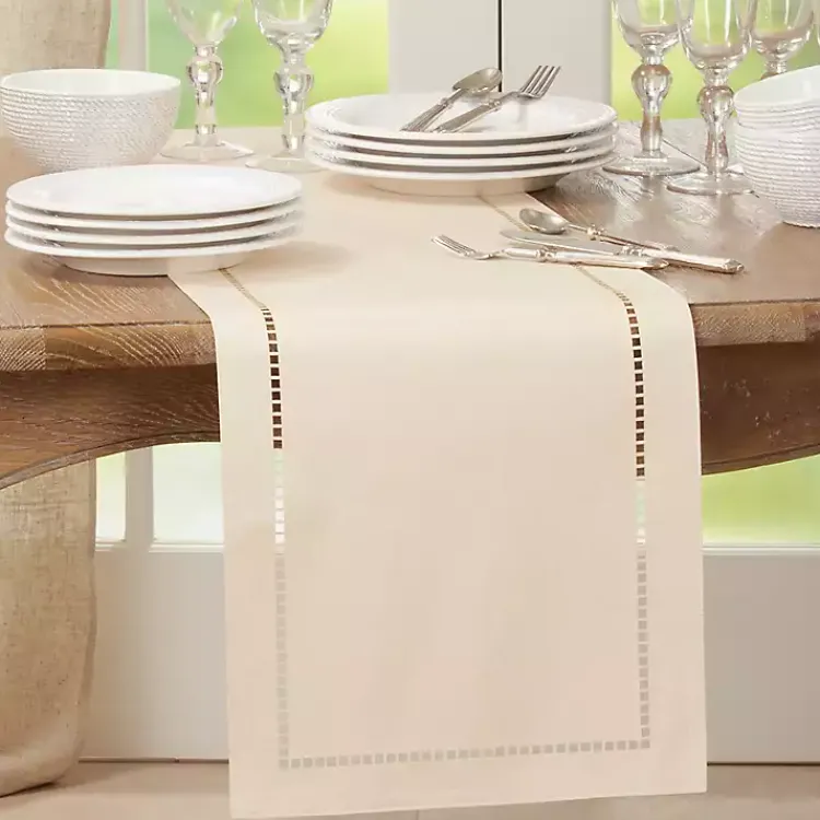 Table Linens-Kirklands Home Ivory Hemstitch Border Table Runner White