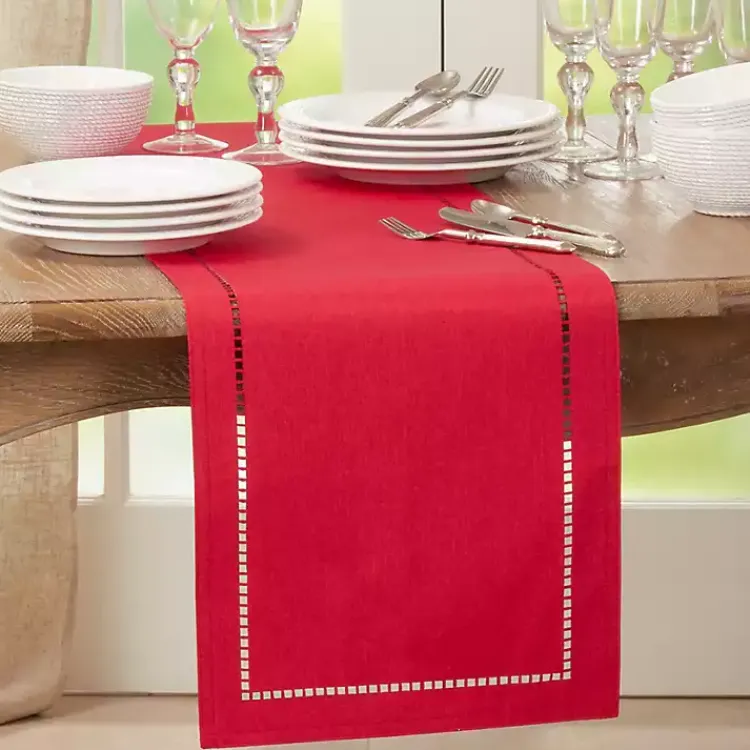 Table Linens-Kirklands Home Hemstitch Border Table Runner Red