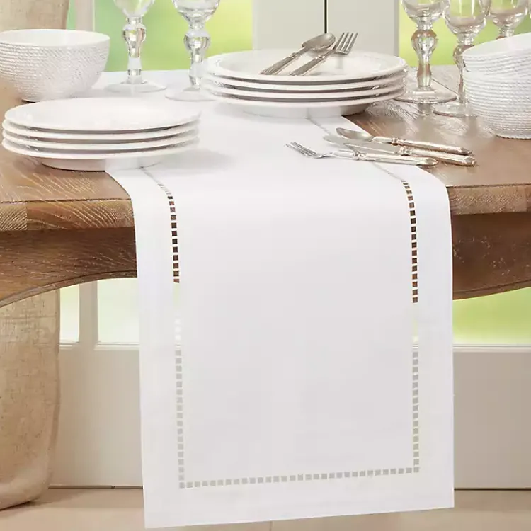 Table Linens-Kirklands Home Moonbeam Hemstitch Border Table Runner White