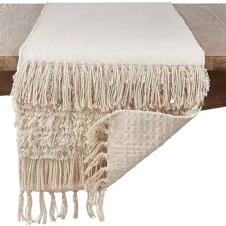 Table Linens-Kirklands Home Gray Sequin Fringe Cotton Table Runner