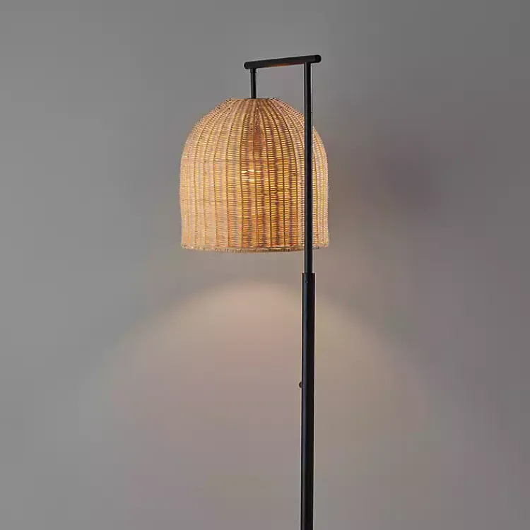 Floor Lamps-Kirklands Home Bronze and Woven Rat Stem Floor Lamp Tan
