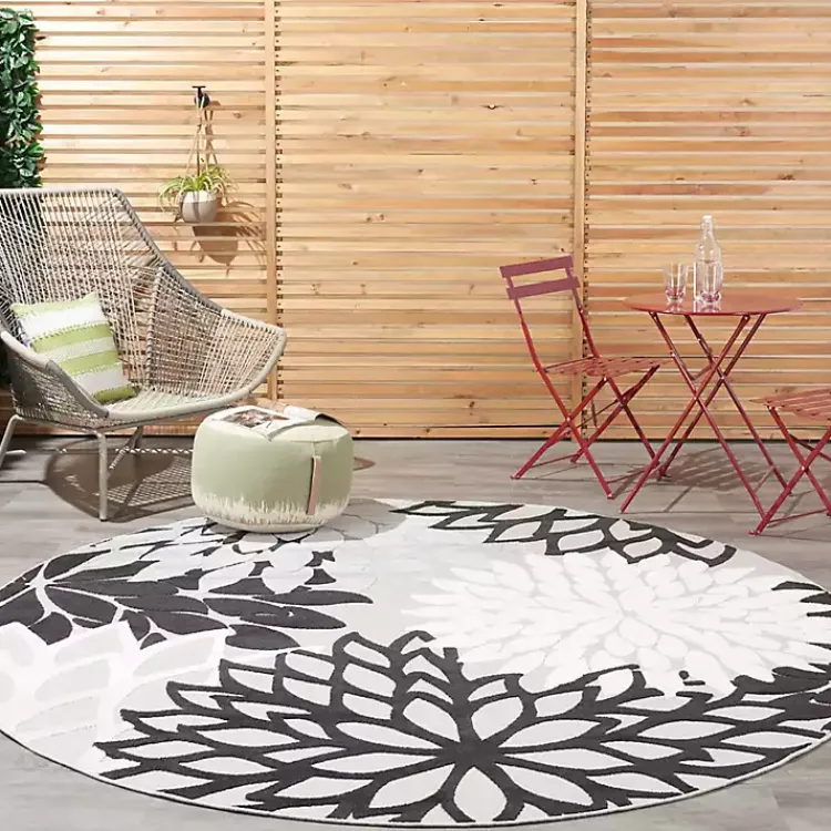 Outdoor Rugs-Kirklands Home Gray Floral Burst Round Outdoor Area Rug