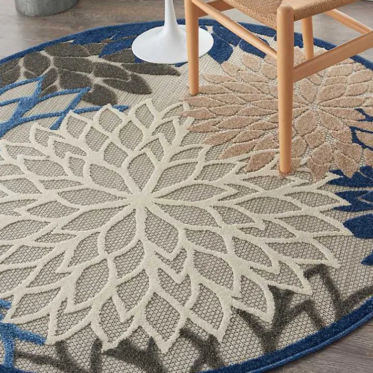 Outdoor Rugs-Kirklands Home Blue Floral Burst Round Outdoor Area Rug, 5x5