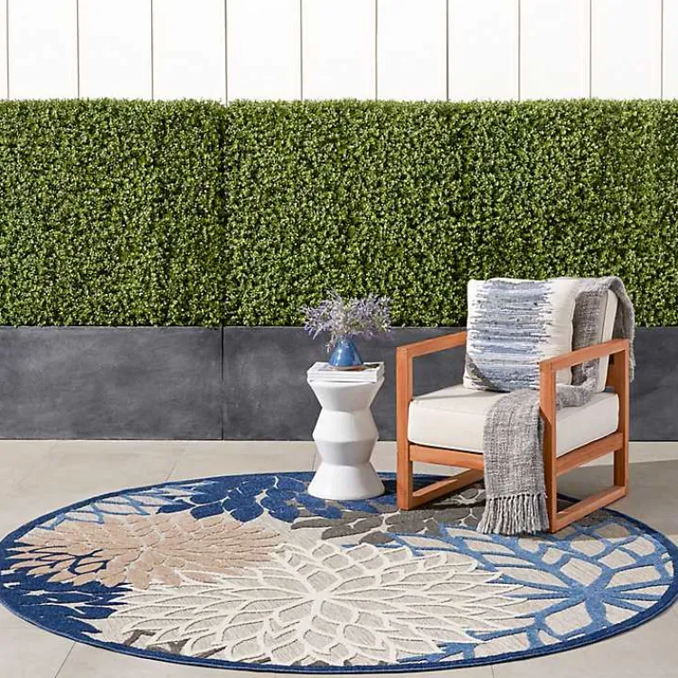 Outdoor Rugs-Kirklands Home Blue Floral Burst Round Outdoor Area Rug, 7x7
