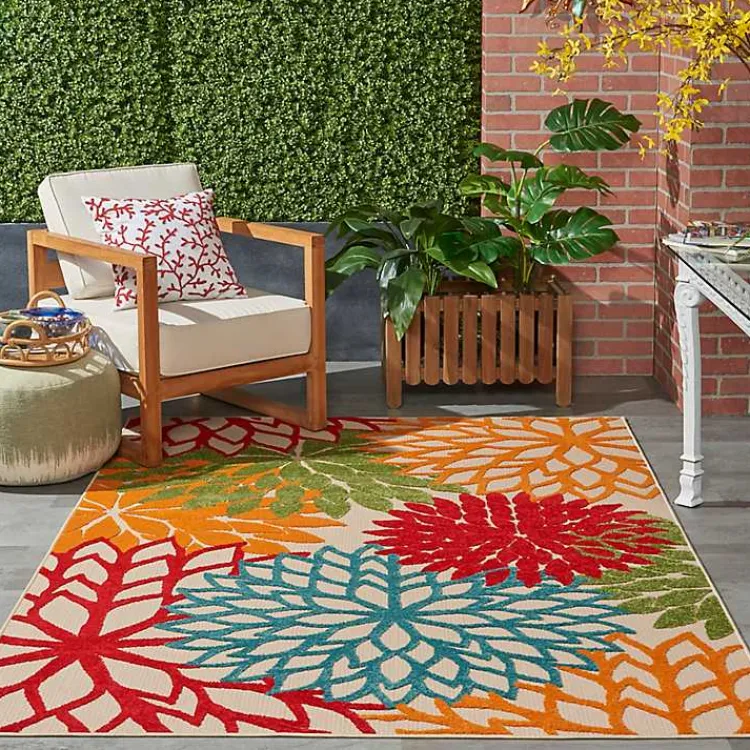 Outdoor Rugs-Kirklands Home Red Bright Floral Burst Outdoor Area Rug, 5x7