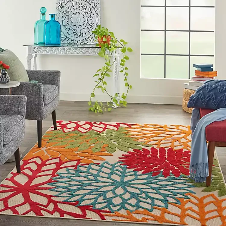 Outdoor Rugs-Kirklands Home Red Bright Floral Burst Outdoor Area Rug, 5x7