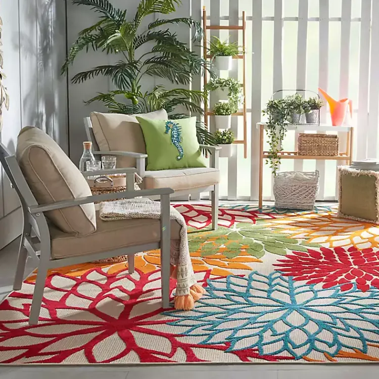 Outdoor Rugs-Kirklands Home Red Bright Floral Burst Outdoor Area Rug, 7x10