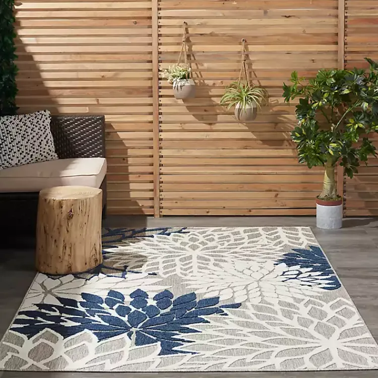 Outdoor Rugs-Kirklands Home Navy Floral Burst Outdoor Area Rug, 5x7