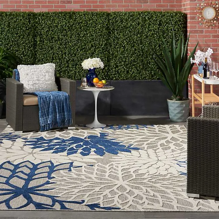 Outdoor Rugs-Kirklands Home Navy Bright Floral Burst Outdoor Area Rug, 7x10