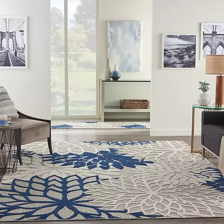 Outdoor Rugs-Kirklands Home Navy Bright Floral Burst Outdoor Area Rug, 7x10