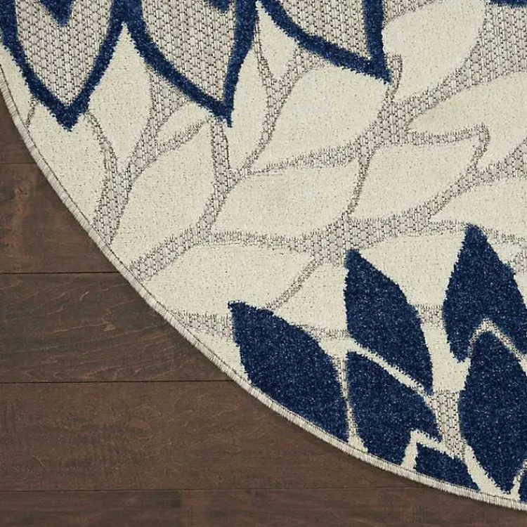 Outdoor Rugs-Kirklands Home Navy Floral Burst Round Outdoor Area Rug, 7x7