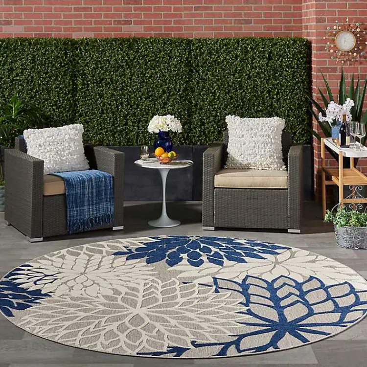 Outdoor Rugs-Kirklands Home Navy Floral Burst Round Outdoor Area Rug, 7x7
