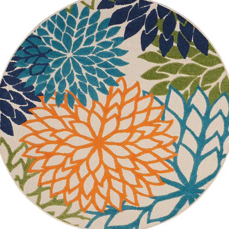 Outdoor Rugs-Kirklands Home Tangerine Floral Burst Round Outdoor Area Rug