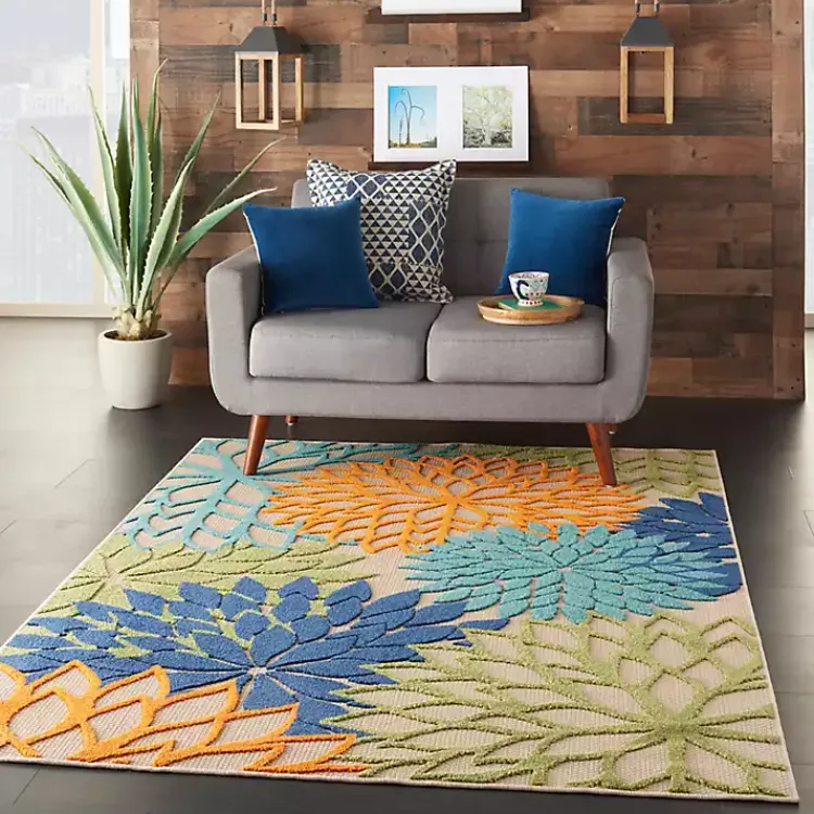 Outdoor Rugs-Kirklands Home Orange Bright Floral Burst Outdoor Area Rug, 5x7