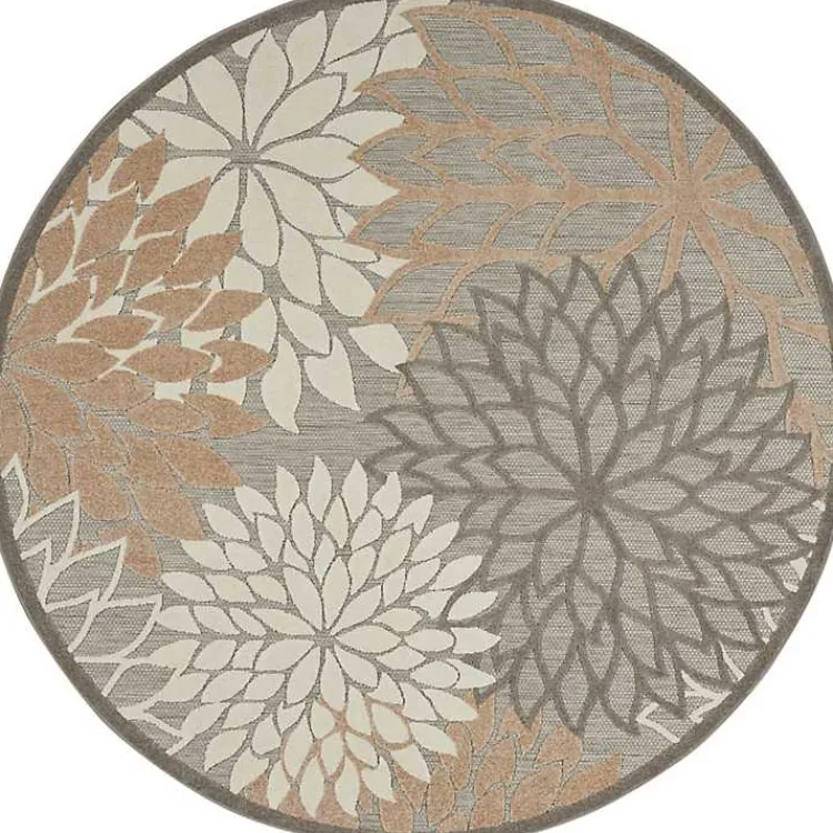 Outdoor Rugs-Kirklands Home Neutral Floral Burst Outdoor Round Area Rug, 7 ft.