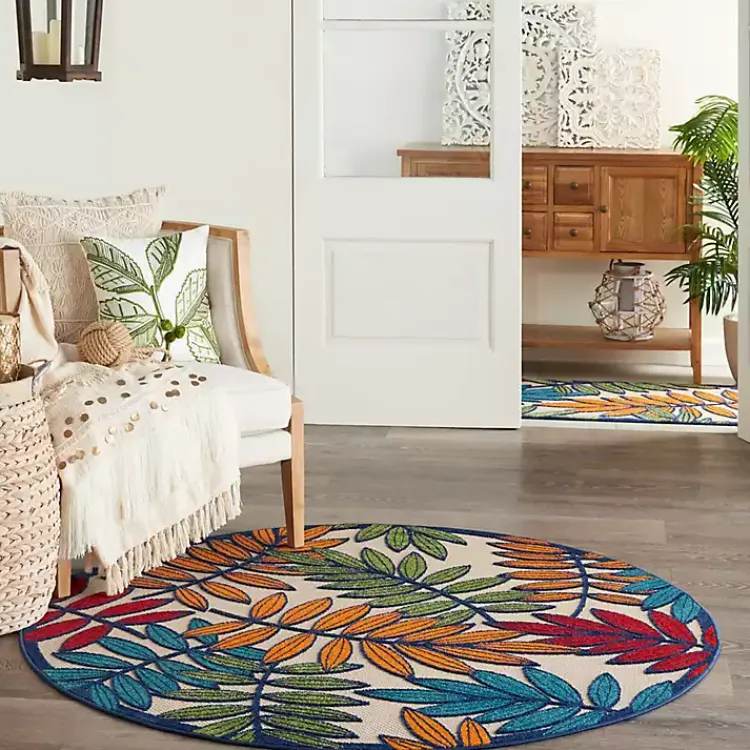 Outdoor Rugs-Kirklands Home Bright Branches Round Outdoor Area Rug, 5x5