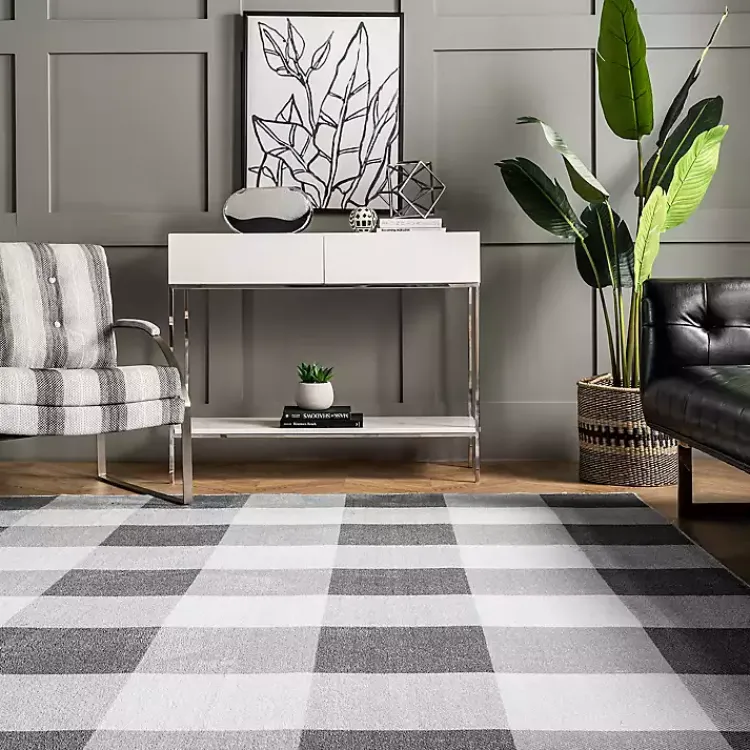 Area Rugs-Kirklands Home Gray Buffalo Plaid Washable Area Rug, 5x8