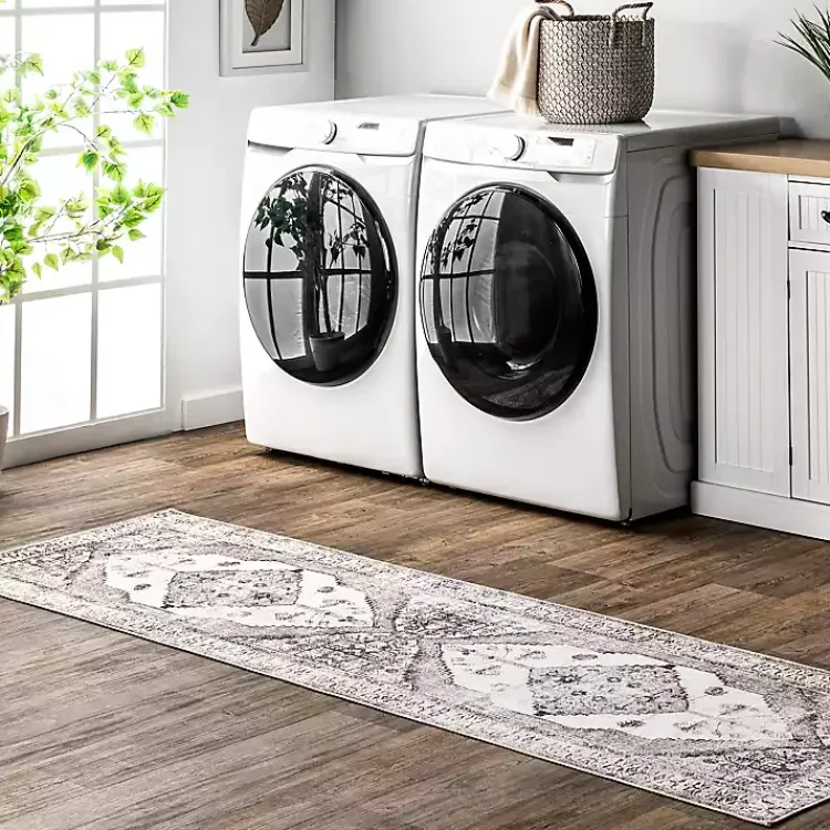 Area Rugs-Kirklands Home Gray Vintage Medallion Washable Runner