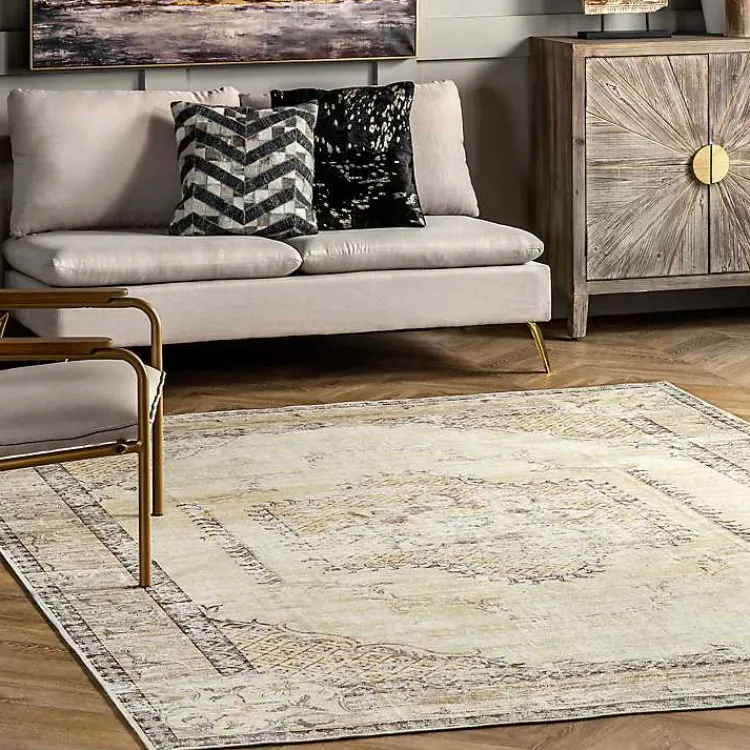 Area Rugs-Kirklands Home Gray Faded Medallion Washable Area Rug, 5x8