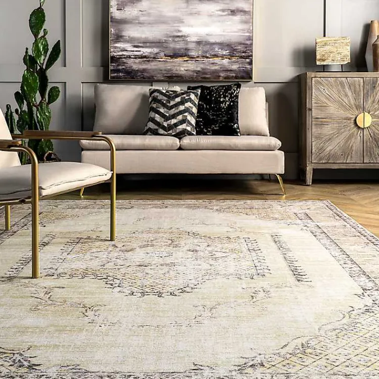 Area Rugs-Kirklands Home Gray Faded Medallion Washable Area Rug, 5x8